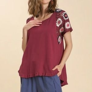 Linen Blend Top with Colorful Crocheted Sleeves